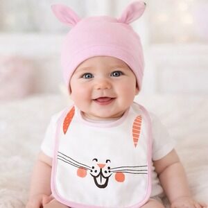 Baby Easter Bunny Hat & Bib Set Pink Rabbit Ears One Size NEW